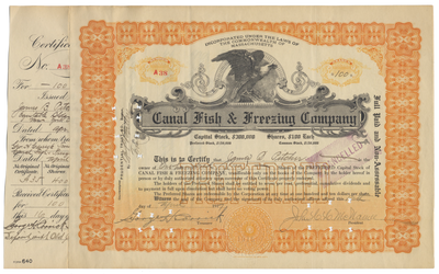 Canal Fish & Freezing Company Stock Certificate