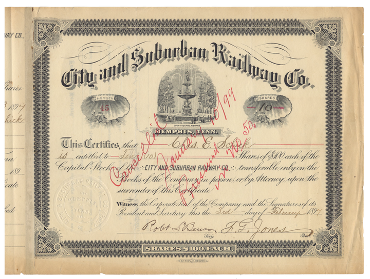 City and Suburban Railway Co. Stock Certificate