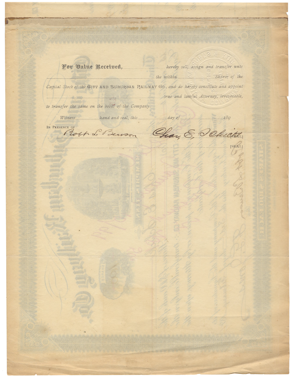 City and Suburban Railway Co. Stock Certificate