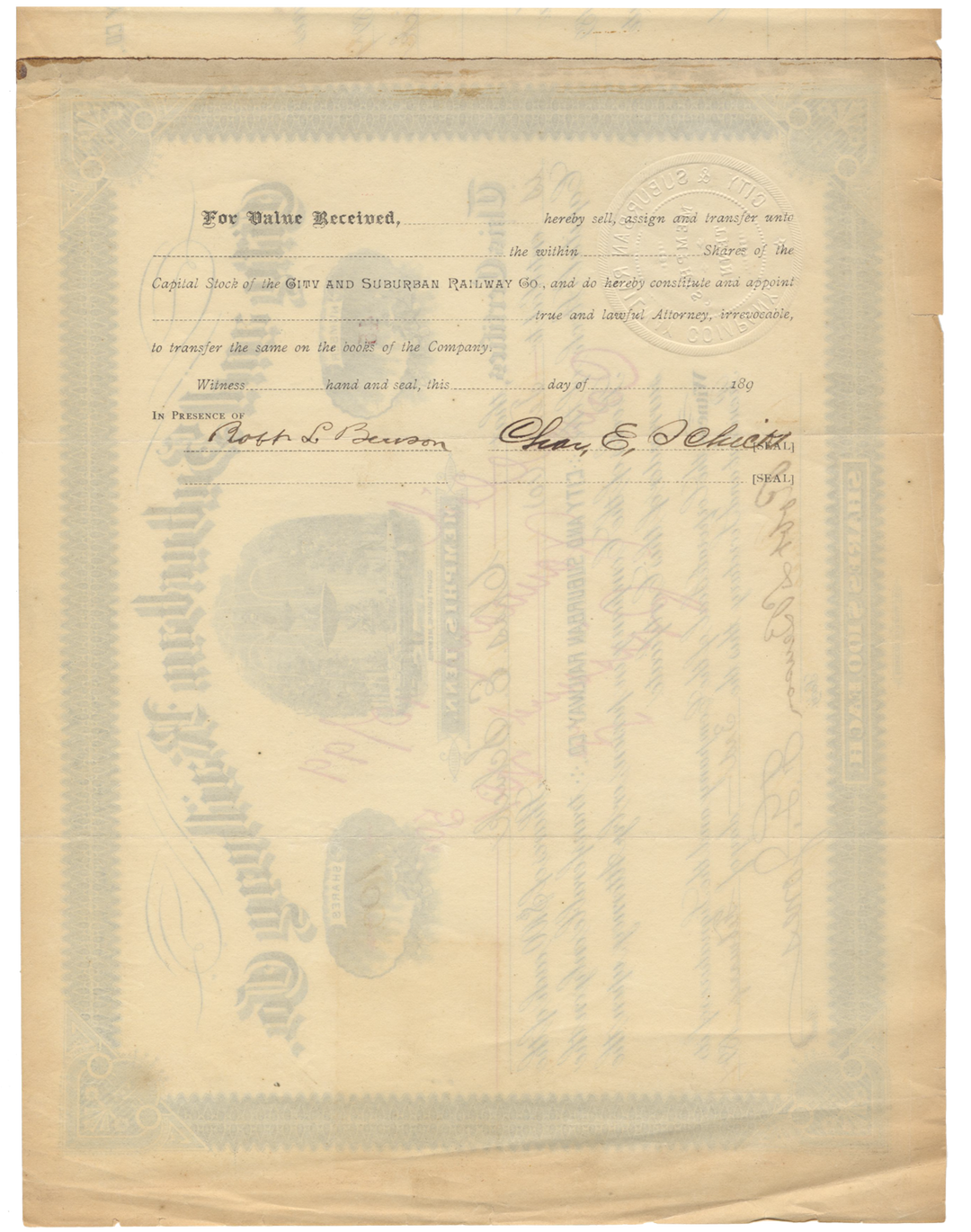 City and Suburban Railway Co. Stock Certificate