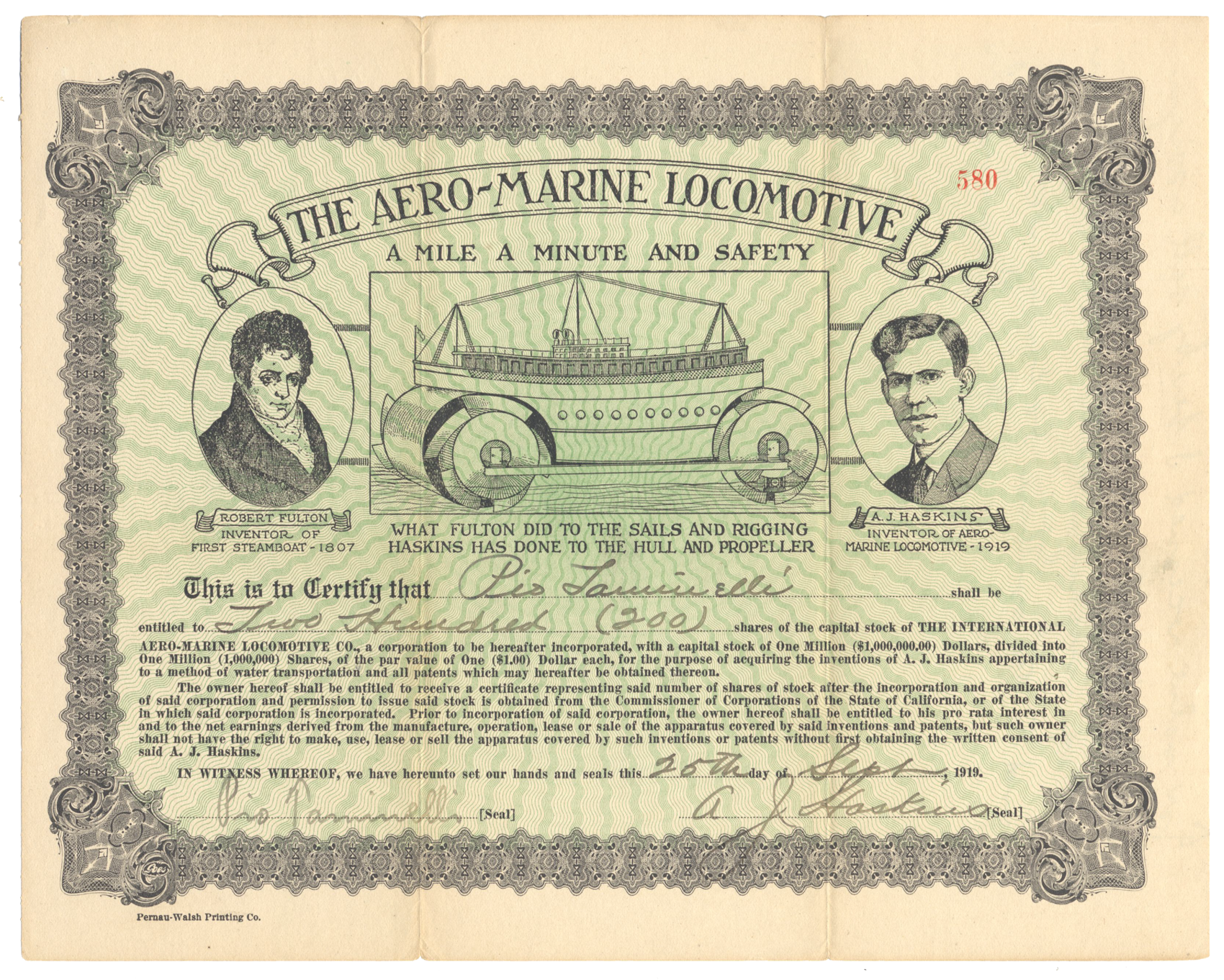 International Aero-Marine Locomotive Co. Stock Certificate