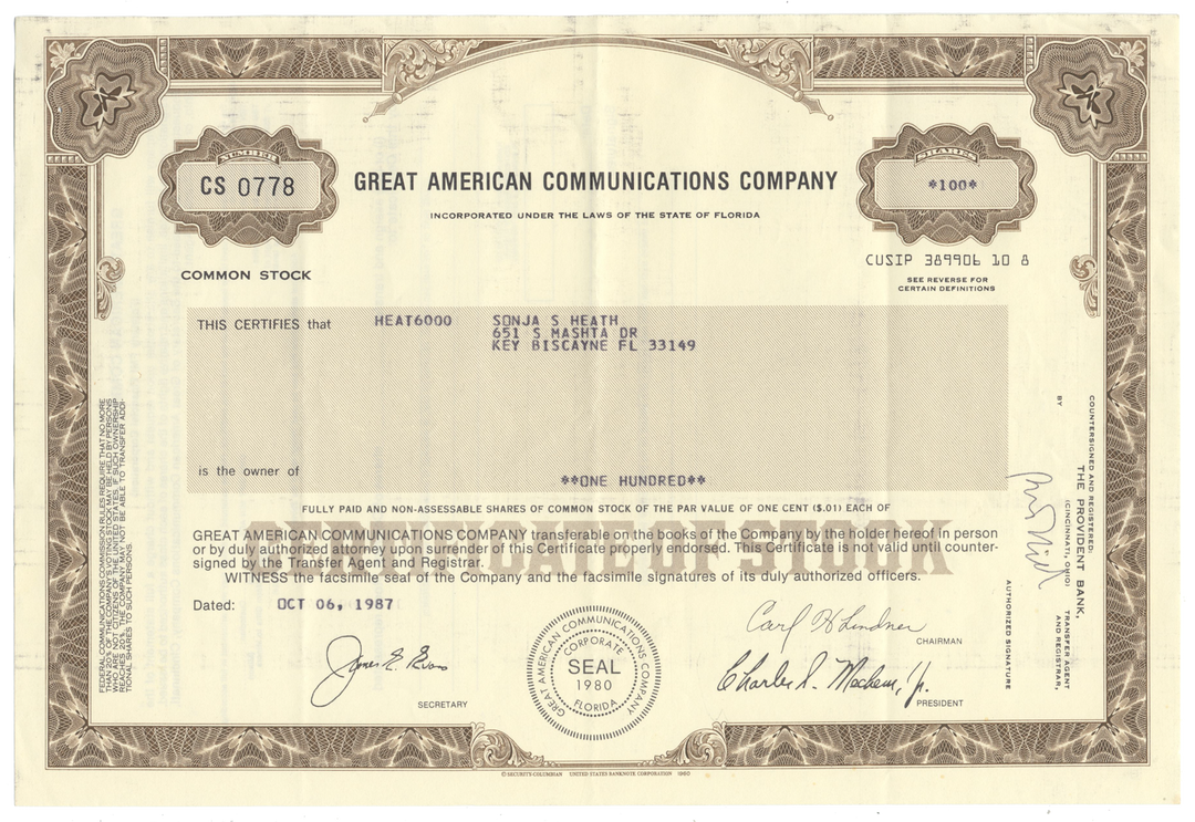 Great American Communications Company Stock Certificate