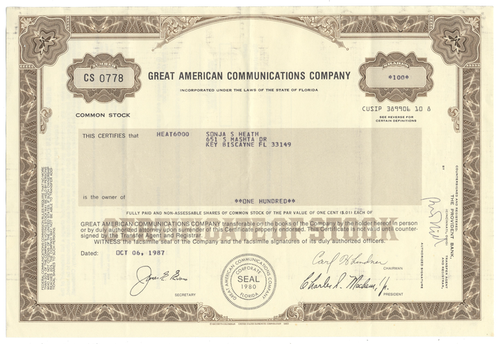 Great American Communications Company Stock Certificate