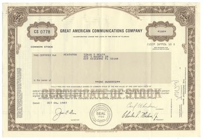 Great American Communications Company Stock Certificate