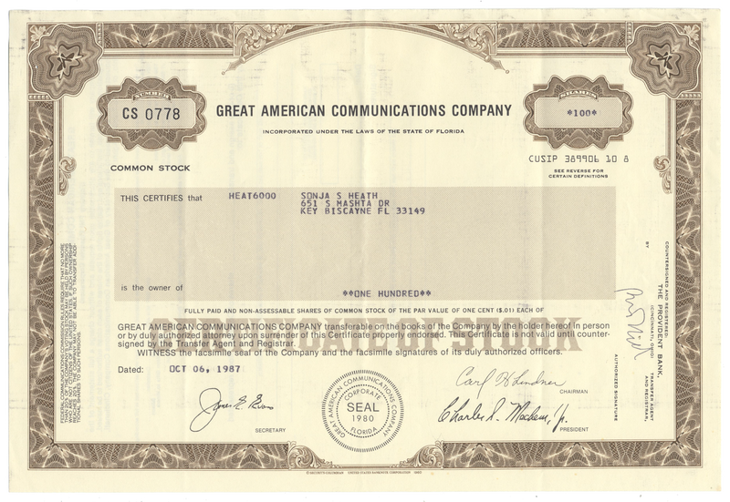 Great American Communications Company Stock Certificate