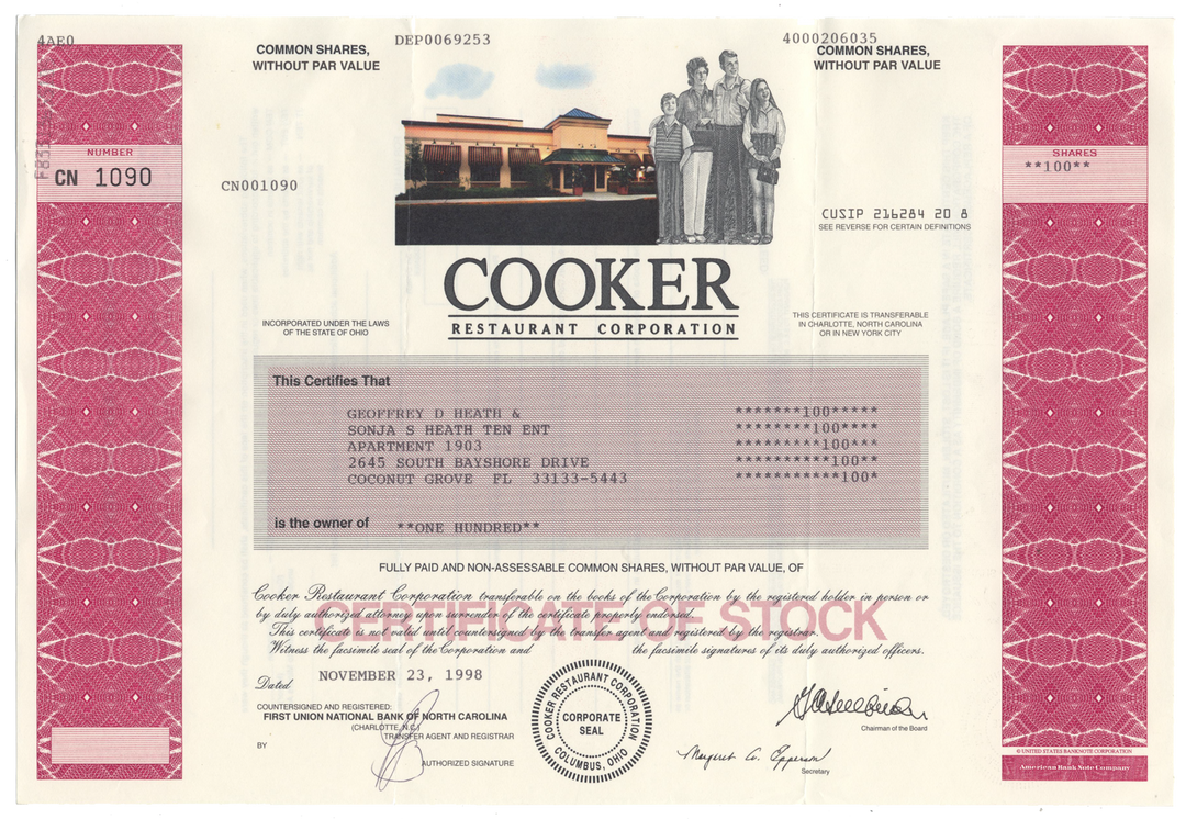 Cooker Restaurant Corporation Stock Certificate