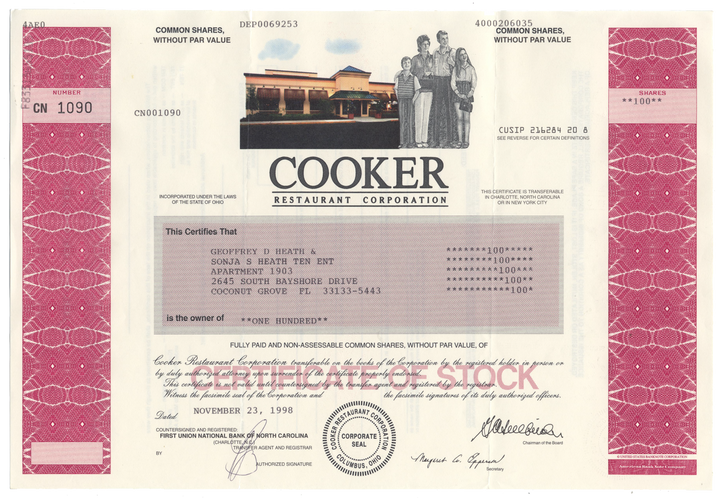 Cooker Restaurant Corporation Stock Certificate