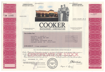 Cooker Restaurant Corporation Stock Certificate