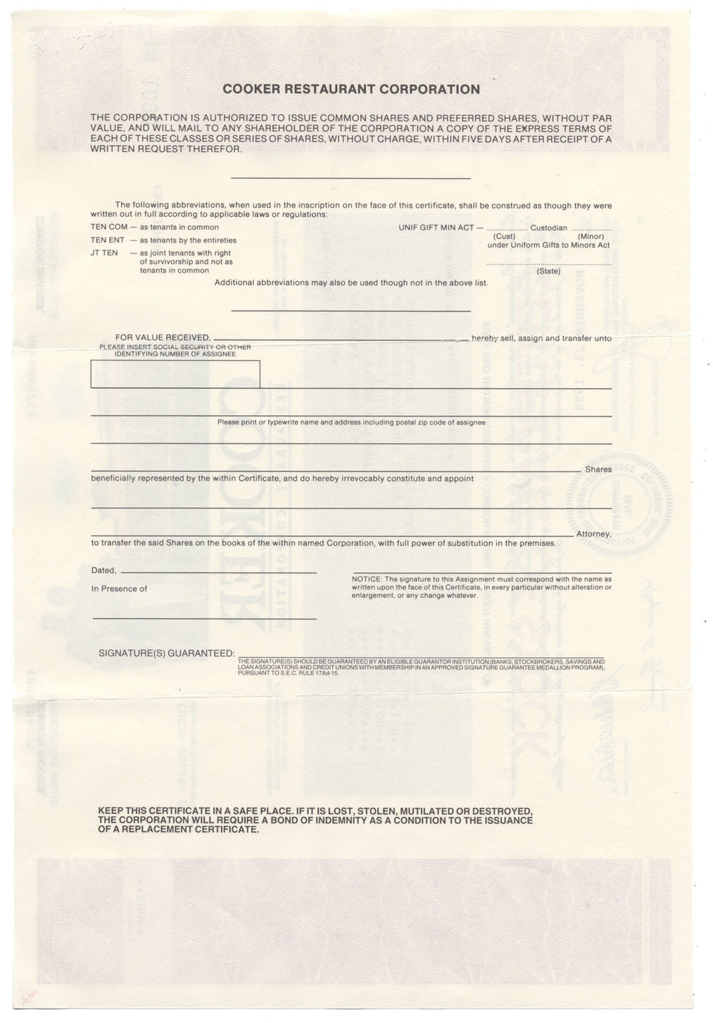 Cooker Restaurant Corporation Stock Certificate