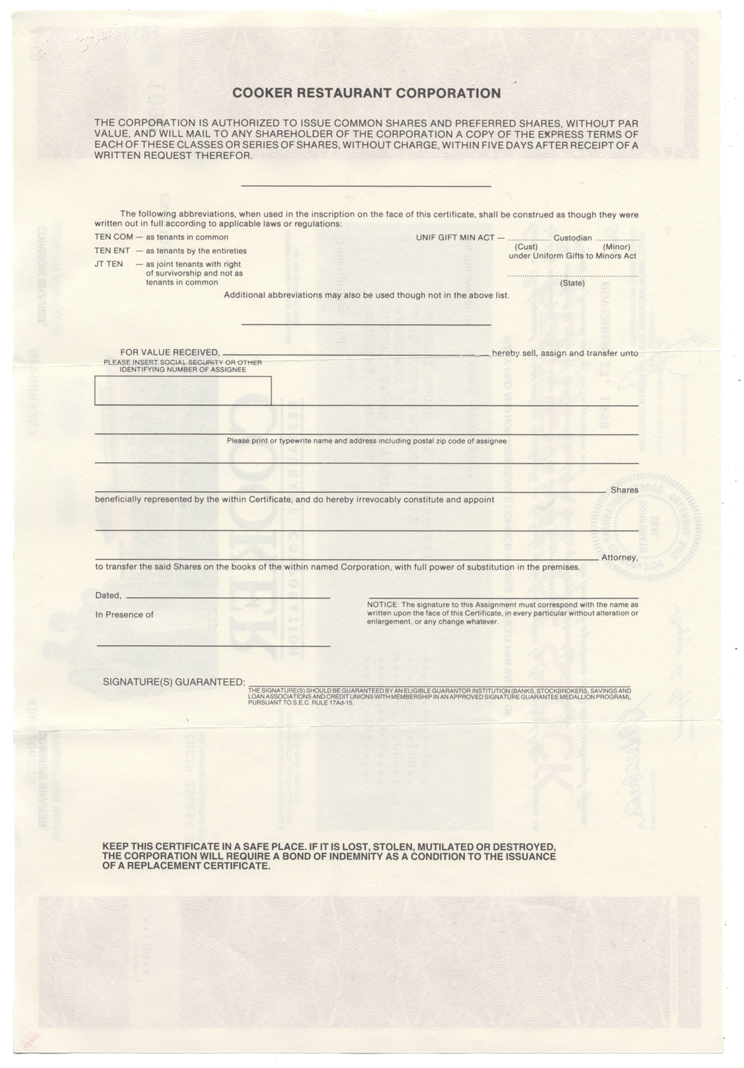 Cooker Restaurant Corporation Stock Certificate