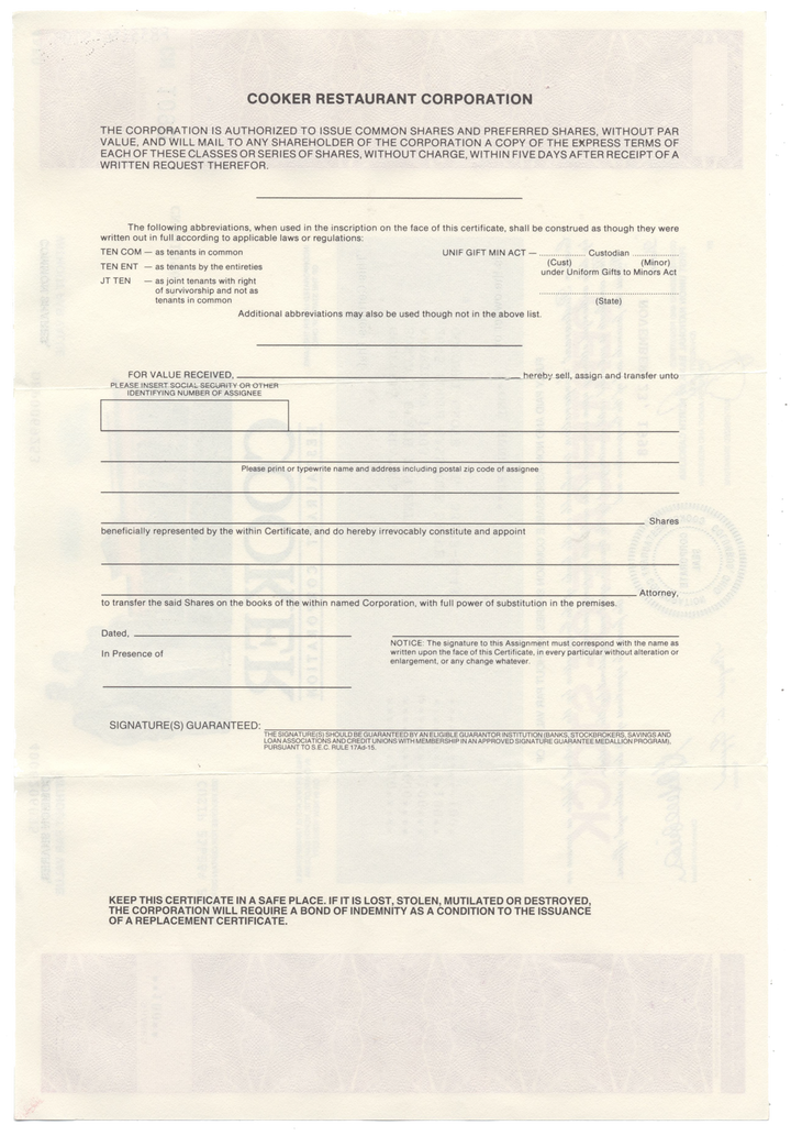 Cooker Restaurant Corporation Stock Certificate