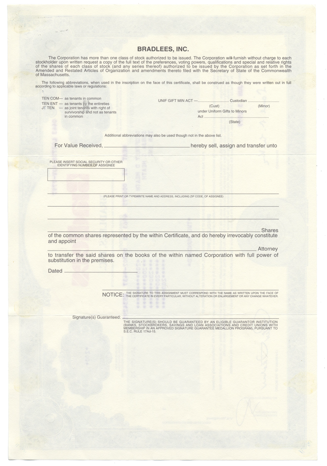 Bradlees, Inc. Stock Certificate