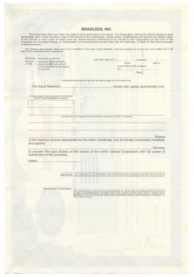 Bradlees, Inc. Stock Certificate