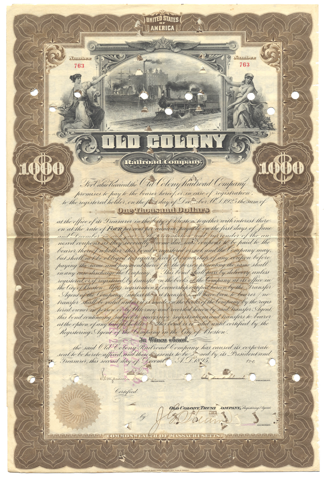 Old Colony Railroad Company Bond Certificate