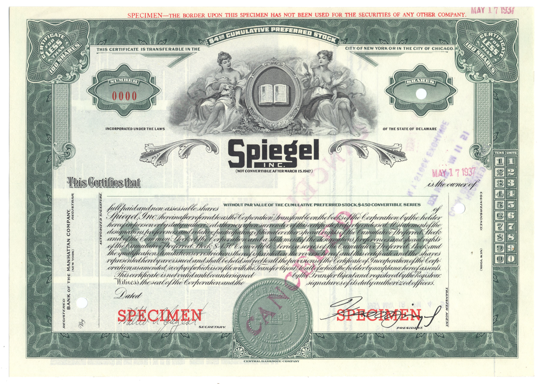 Spiegel, Inc. Specimen Stock Certificate