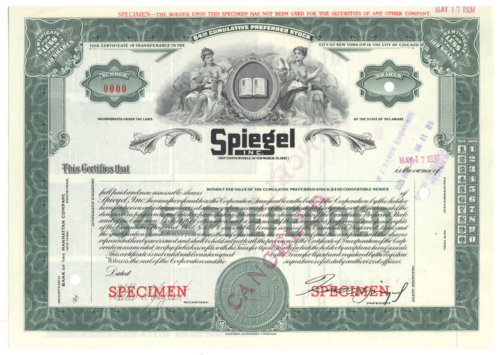 Spiegel, Inc. Specimen Stock Certificate