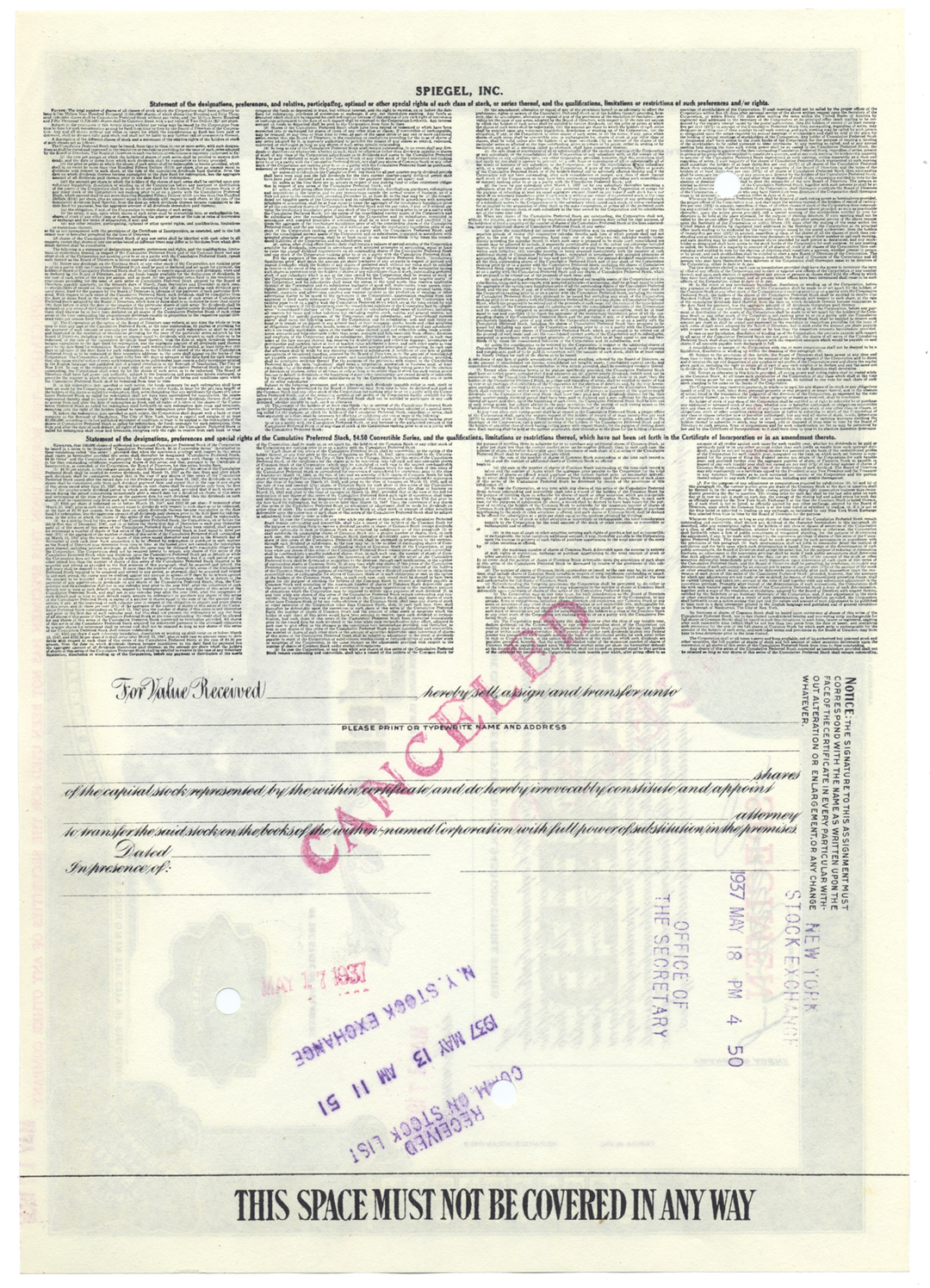 Spiegel, Inc. Specimen Stock Certificate