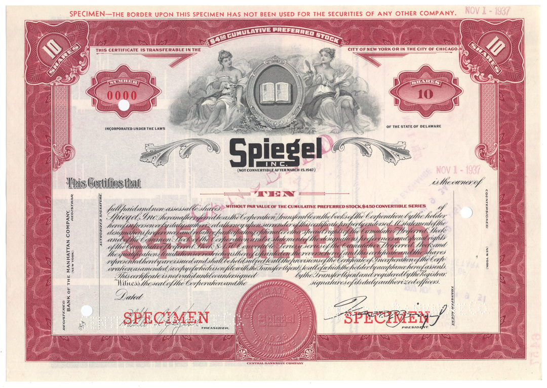 Spiegel, Inc. Specimen Stock Certificate