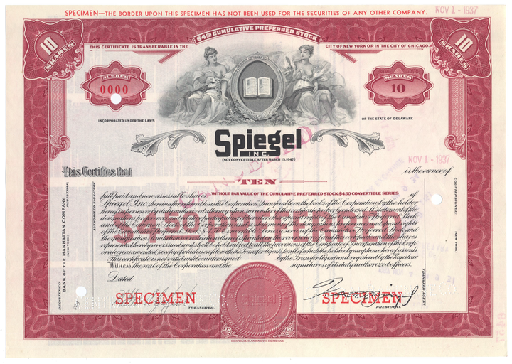 Spiegel, Inc. Specimen Stock Certificate