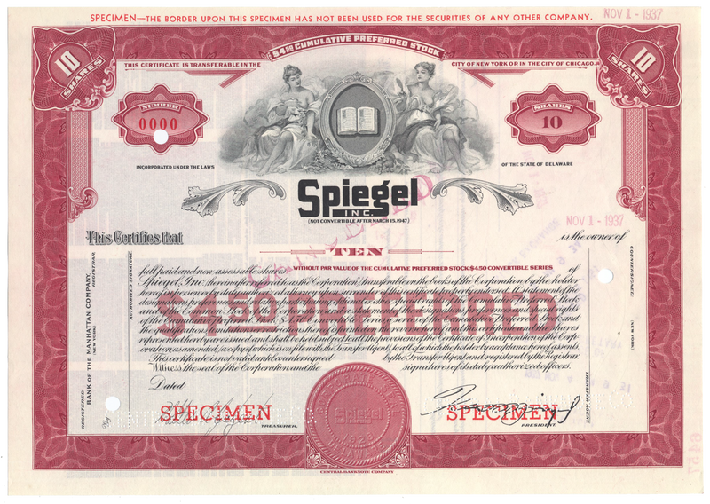 Spiegel, Inc. Specimen Stock Certificate