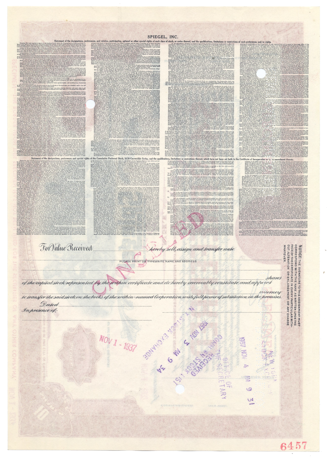 Spiegel, Inc. Specimen Stock Certificate