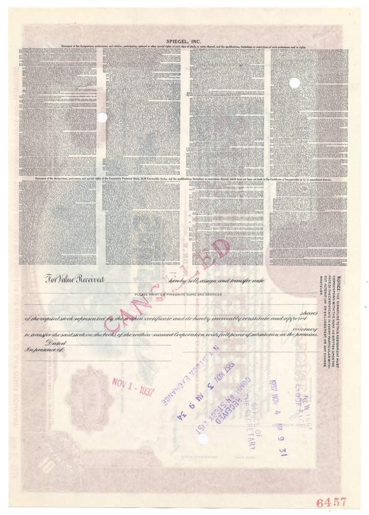 Spiegel, Inc. Specimen Stock Certificate