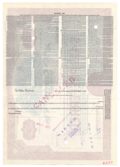Spiegel, Inc. Specimen Stock Certificate