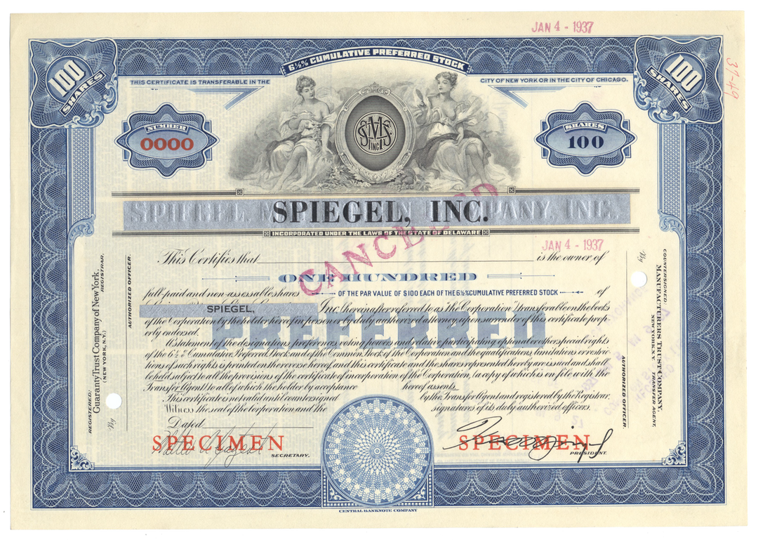 Spiegel, Inc. Specimen Stock Certificate