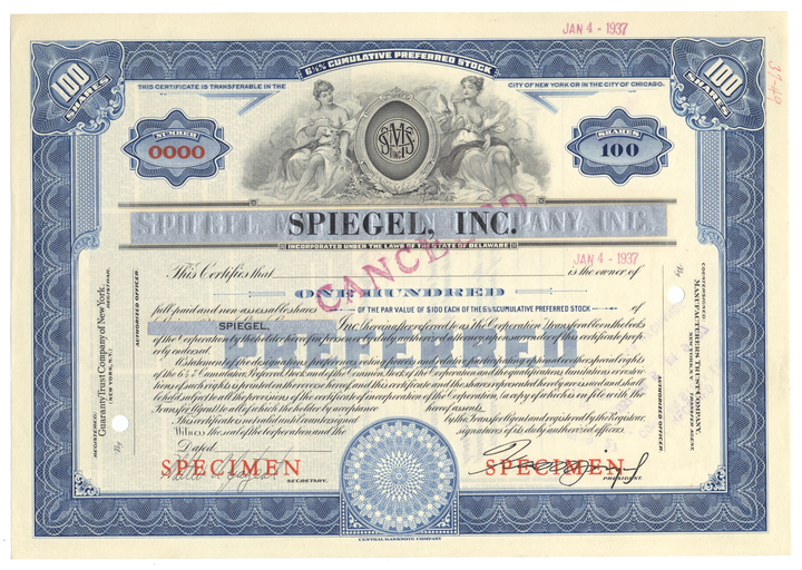 Spiegel, Inc. Specimen Stock Certificate