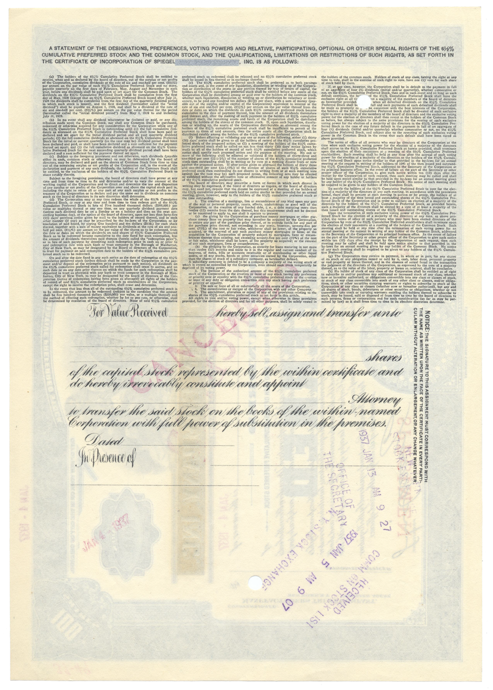 Spiegel, Inc. Specimen Stock Certificate