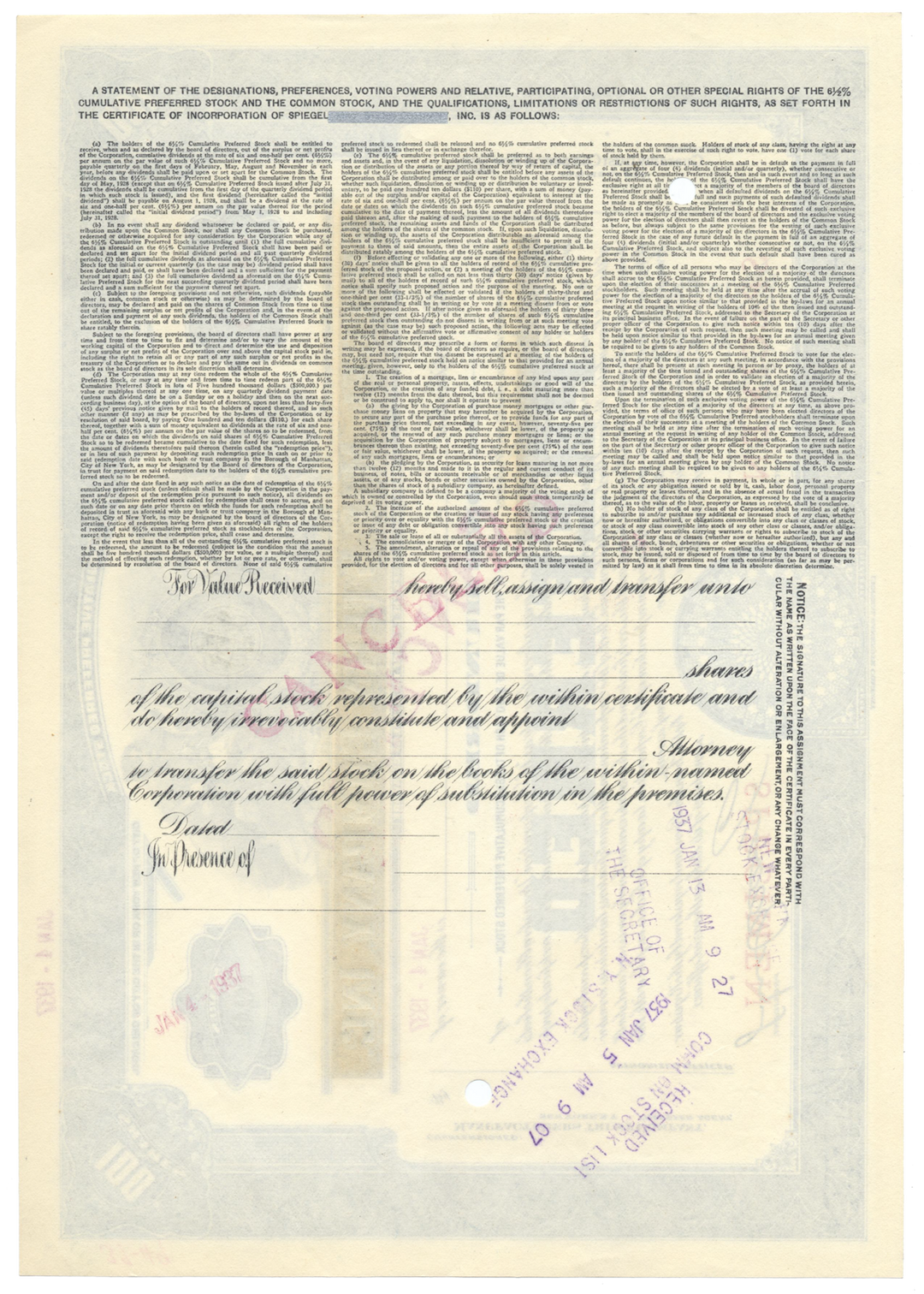 Spiegel, Inc. Specimen Stock Certificate