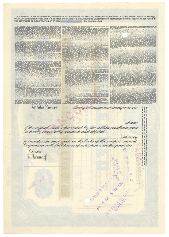 Spiegel, Inc. Specimen Stock Certificate