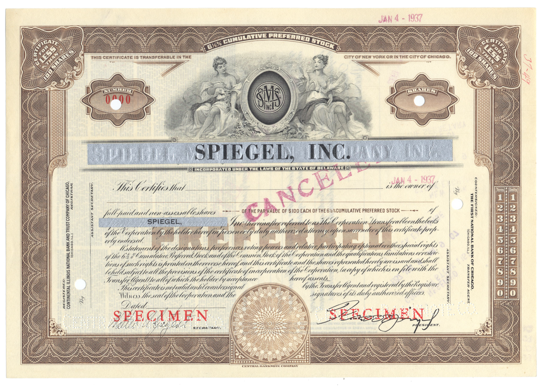 Spiegel, Inc. Specimen Stock Certificate