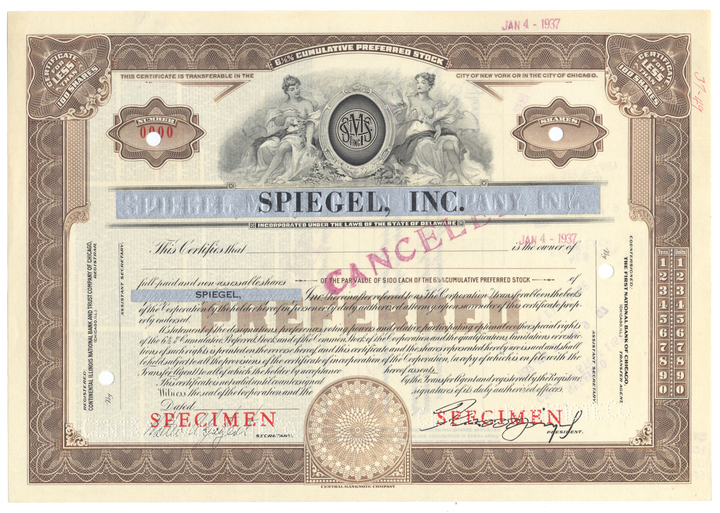 Spiegel, Inc. Specimen Stock Certificate