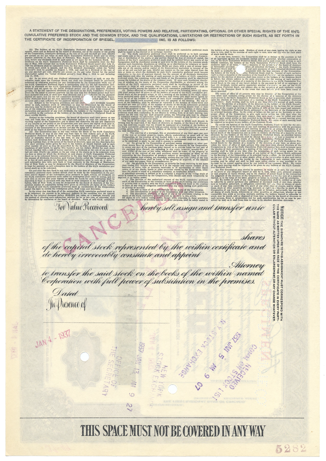 Spiegel, Inc. Specimen Stock Certificate