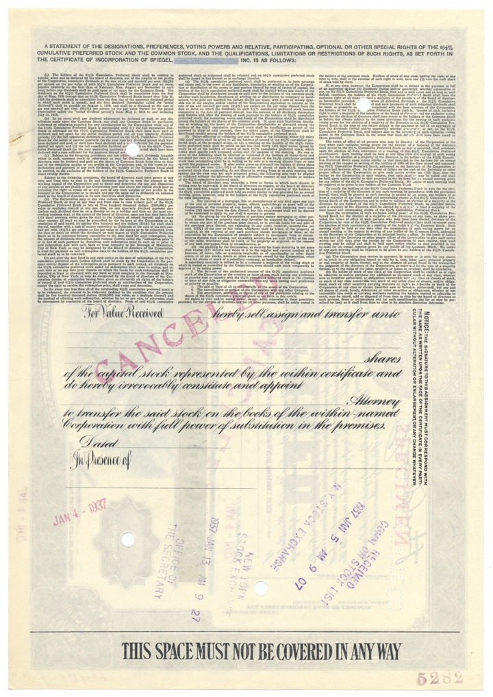 Spiegel, Inc. Specimen Stock Certificate