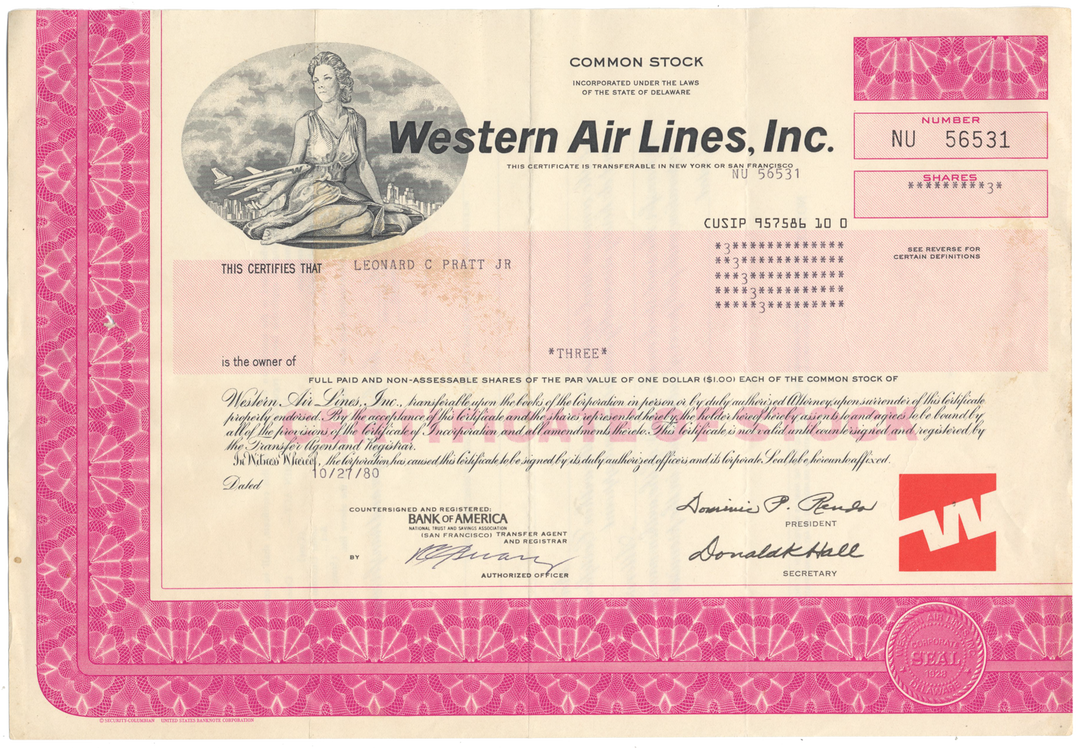 Western Air Lines, Inc. Stock Certificate