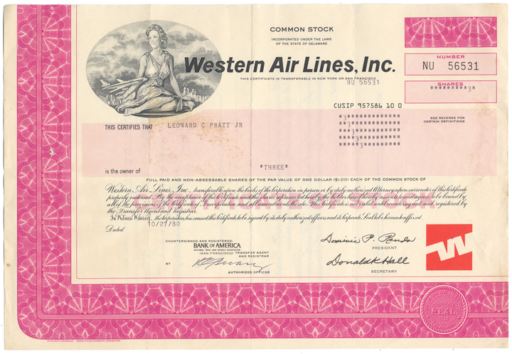 Western Air Lines, Inc. Stock Certificate