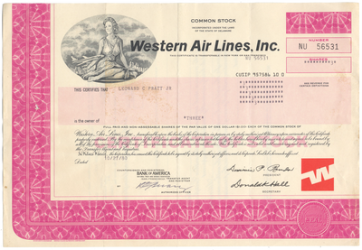 Western Air Lines, Inc. Stock Certificate