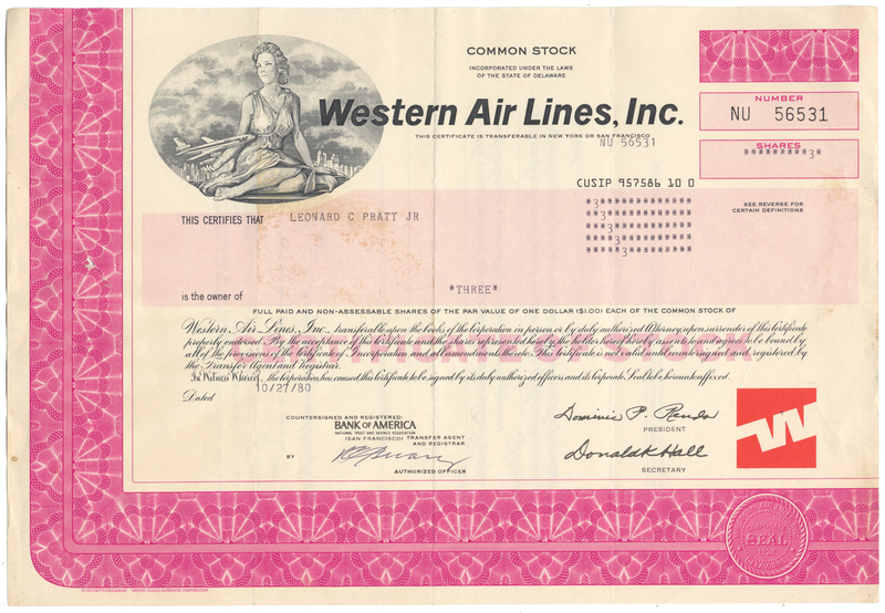 Western Air Lines, Inc. Stock Certificate