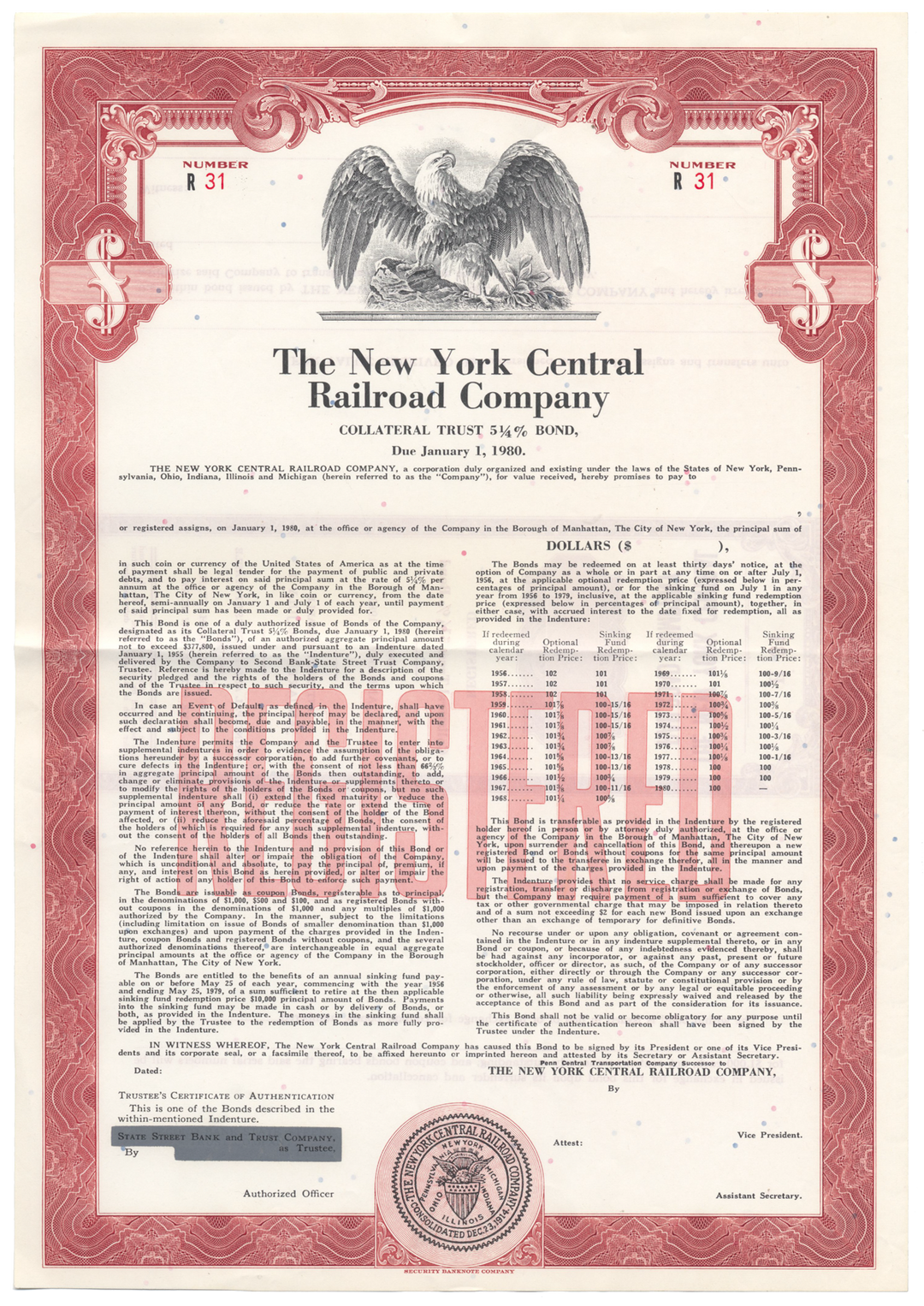 New York Central Railroad Company Bond Certificate