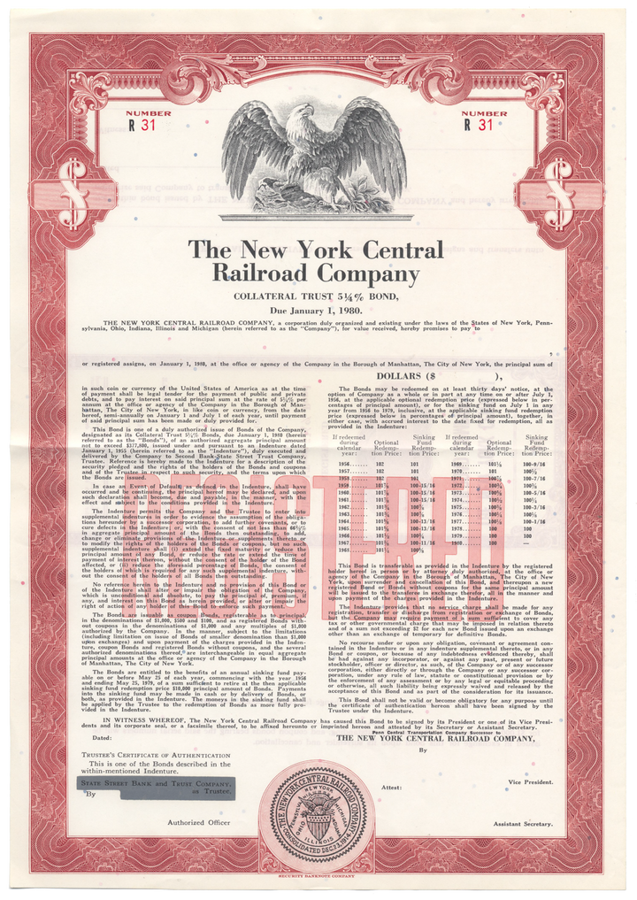 New York Central Railroad Company Bond Certificate