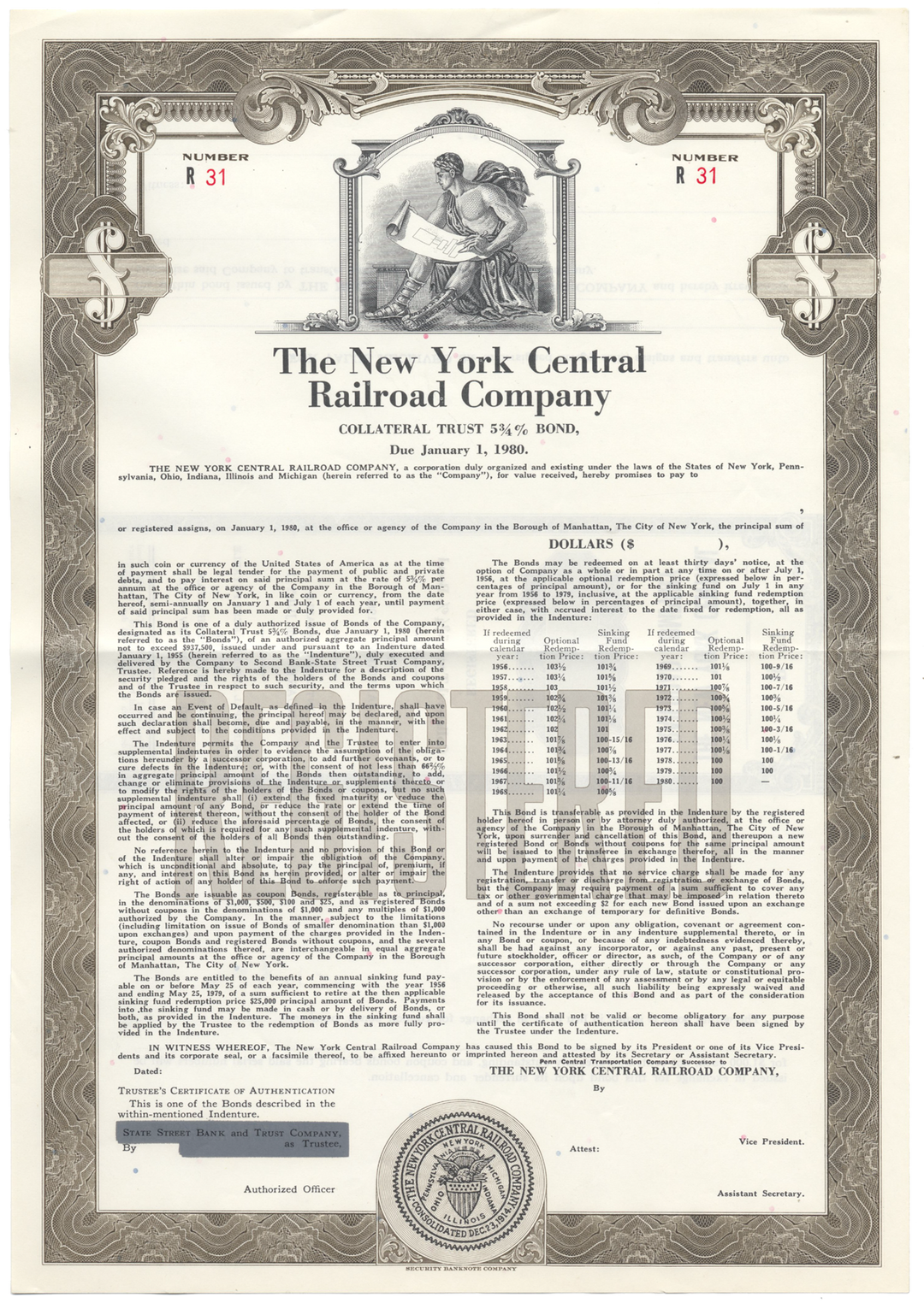 New York Central Railroad Company Bond Certificate