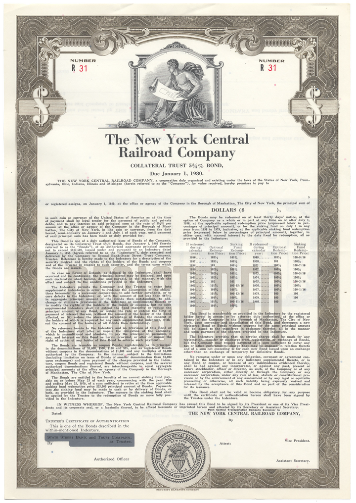 New York Central Railroad Company Bond Certificate