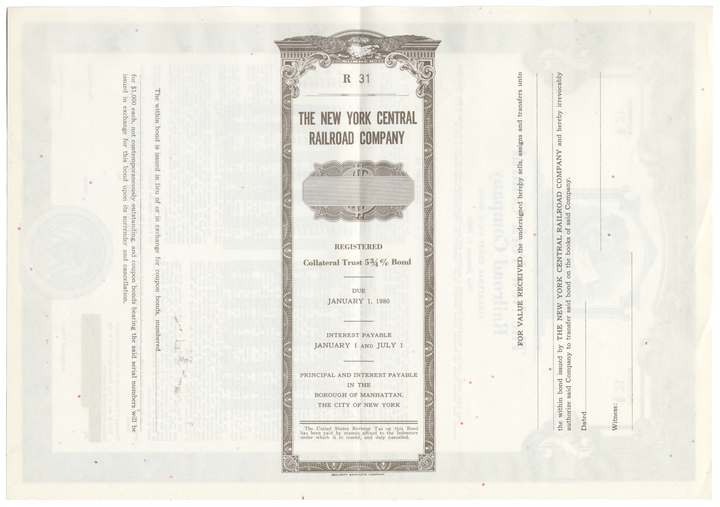 New York Central Railroad Company Bond Certificate