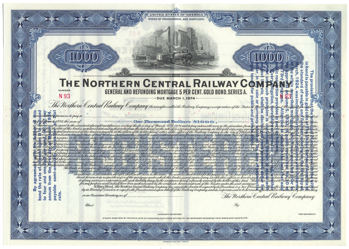 Northern Central Railway Company Bond Certificate