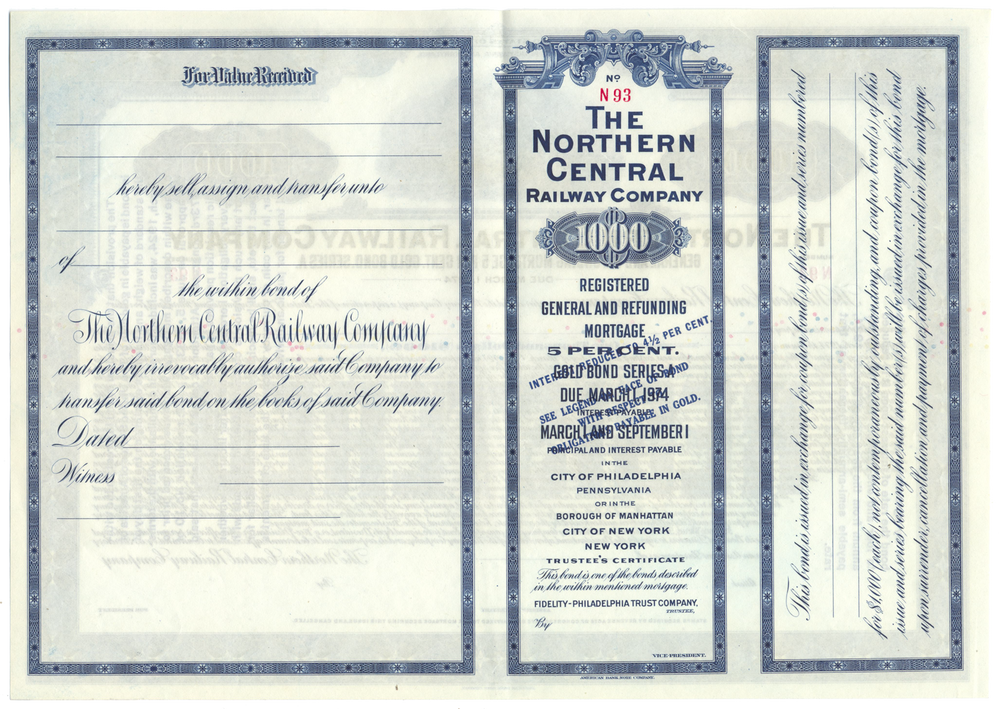 Northern Central Railway Company Bond Certificate