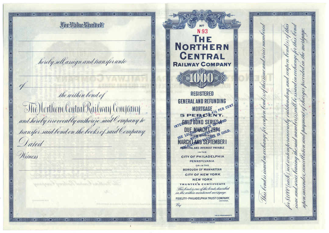 Northern Central Railway Company Bond Certificate