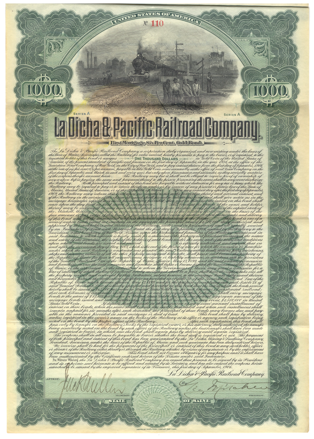 La Dicha & Pacific Railroad Company Bond Certificate