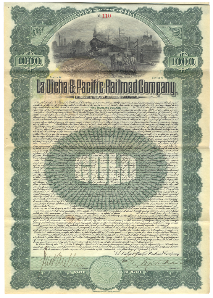 La Dicha & Pacific Railroad Company Bond Certificate